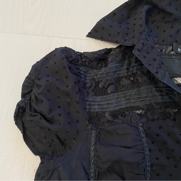 Bebe black ruched dotted Swiss blouse with rhinestone buttons - Picture 4 of 5